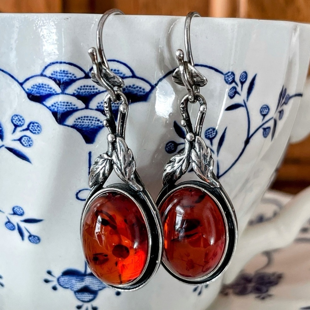 Antique Arts & Crafts Period Silver & Baltic Amber Cabochon Drop Earrings - Picture 2 of 7